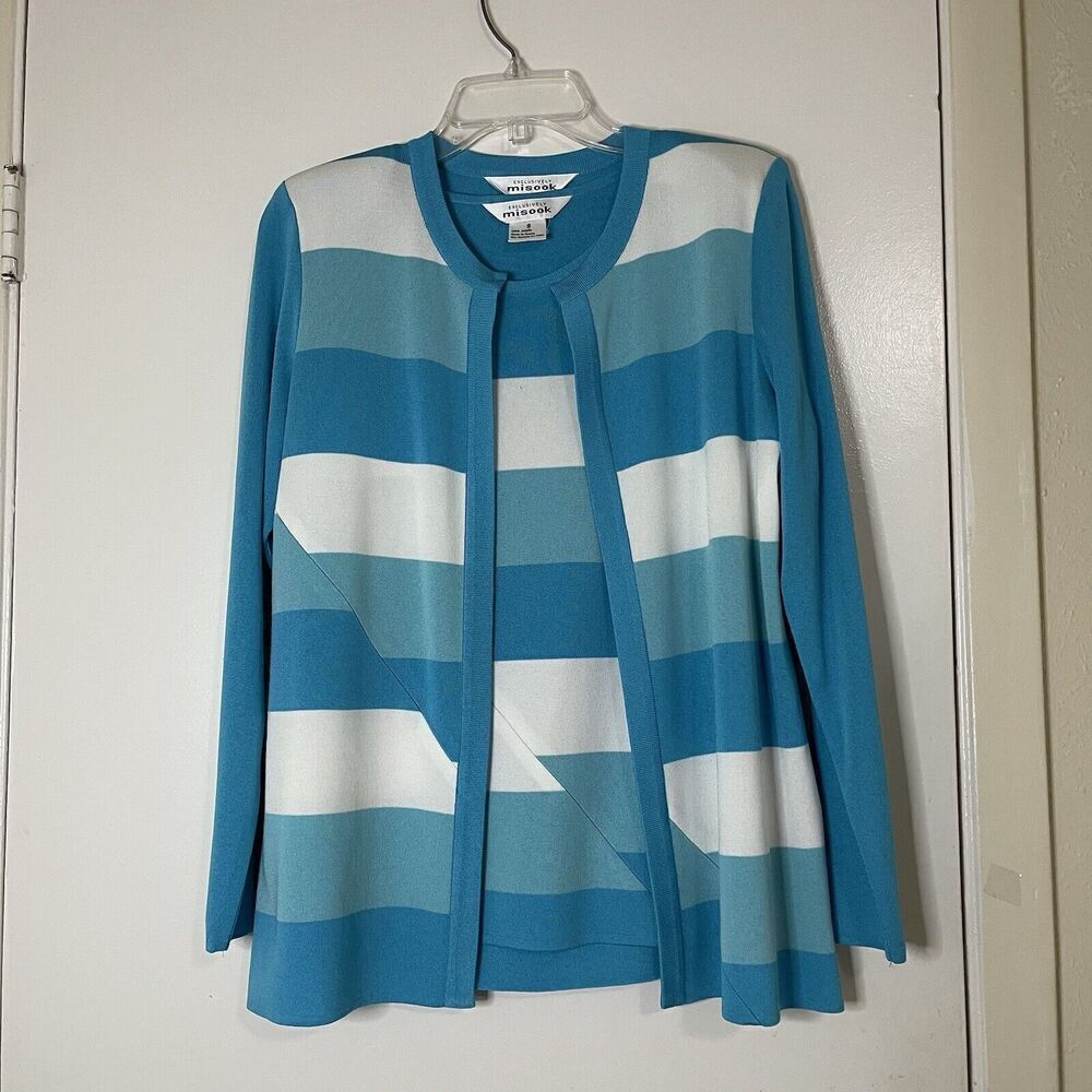 Exclusively Misook Blue striped color block cardigan sweater 2 piece Small